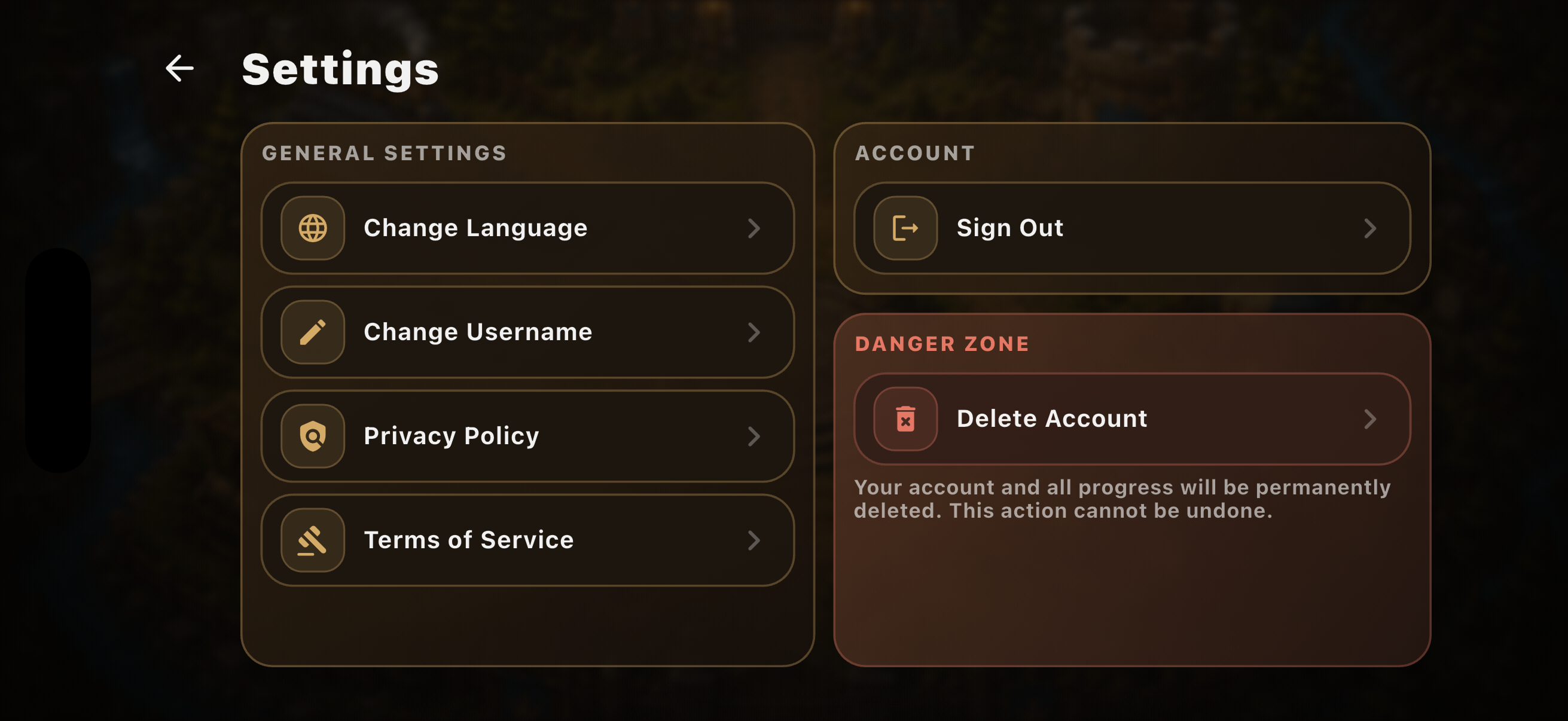 Village Defense Settings screen showing the Delete Account option in the Danger Zone
