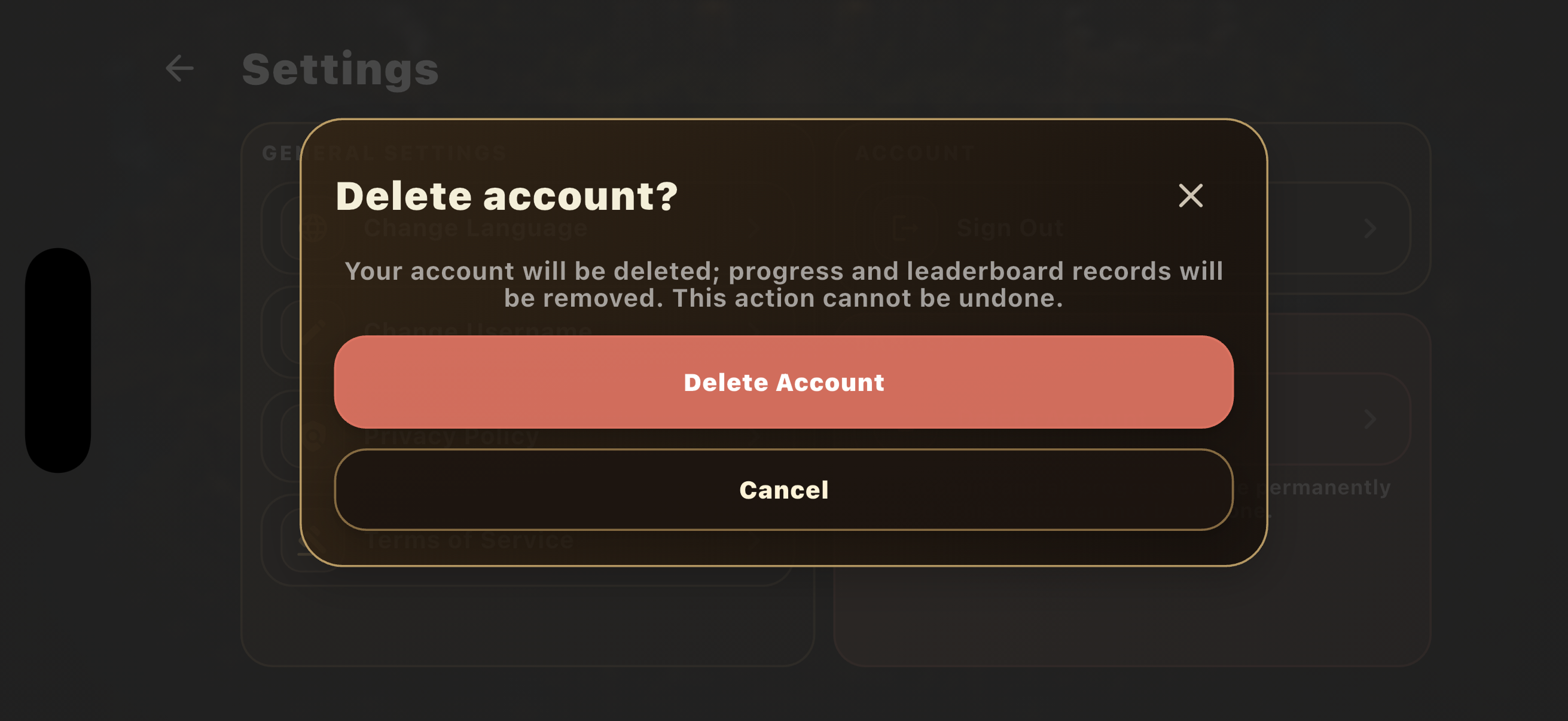 Village Defense confirmation dialog with Delete Account and Cancel buttons